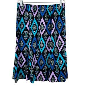 Bob Mackie Skirt Artsy Diamond Pattern Elastic Waist Black Teal Lg Art to Wear